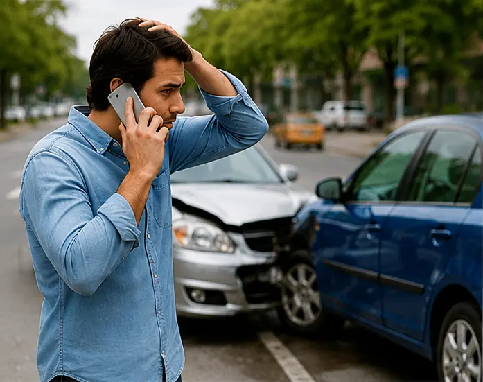 Driver on the phone beside two cars after a minor collision