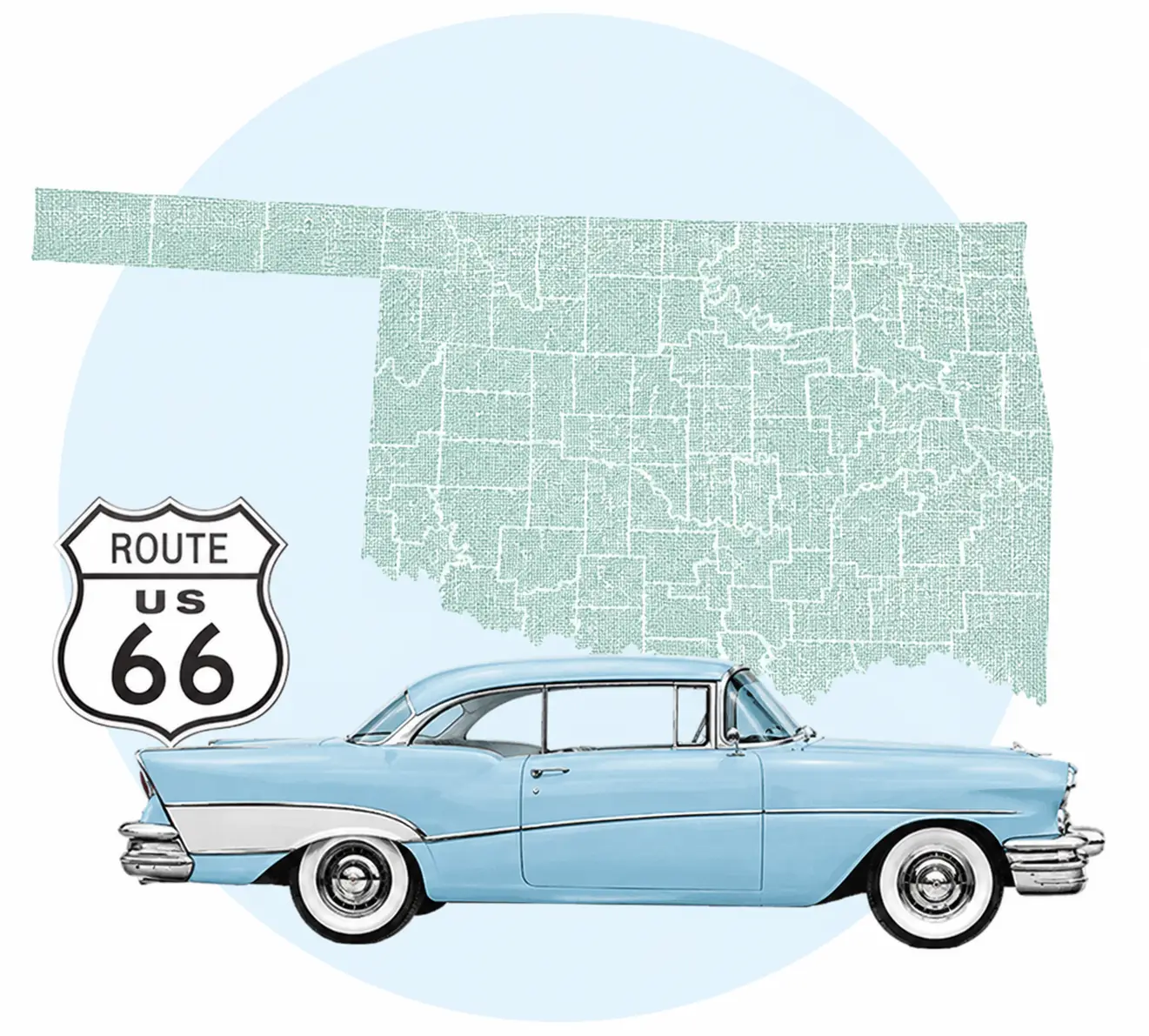 Auto clásico junto a un letrero de la Ruta 66 y un mapa de Oklahoma, que representa cobertura de seguro de auto económica en Moore, Oklahoma