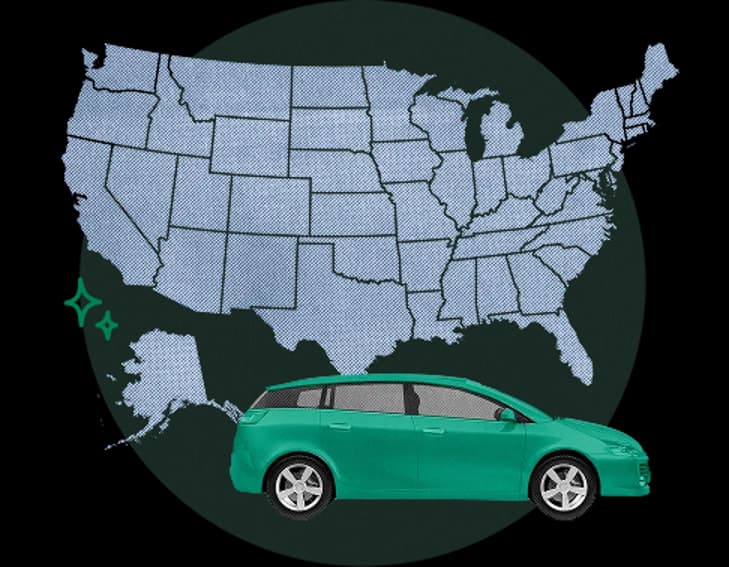 Green car in front of a map of the United States, representing affordable Checotah, Oklahoma car insurance coverage