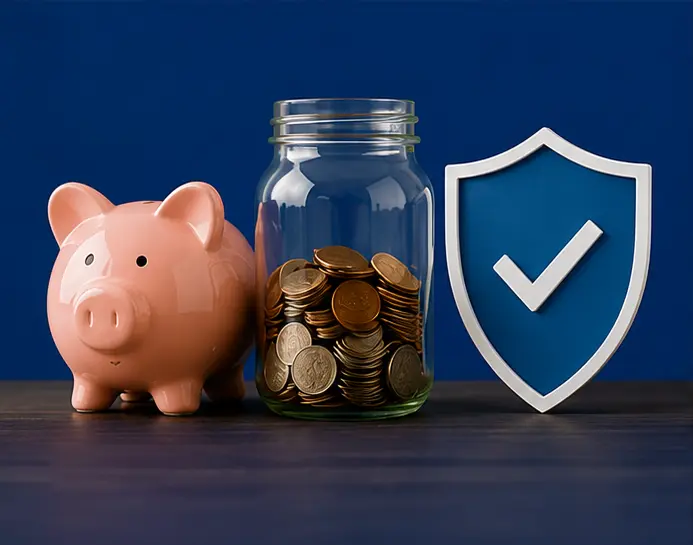 Piggy bank, jar of coins, and a shield representing an affordable car insurance quote