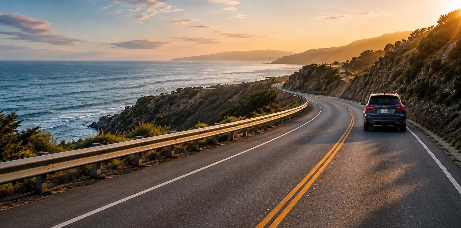Auto conduciendo por una pintoresca carretera costera al atardecer