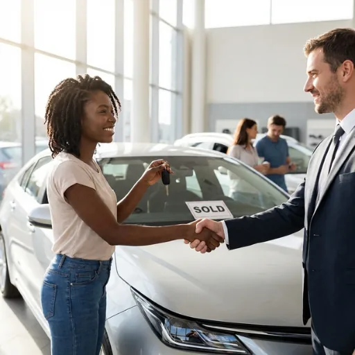 Mujer comprando un auto nuevo y recibiendo las llaves del vendedor en un concesionario de Oklahoma City con un letrero de vendido