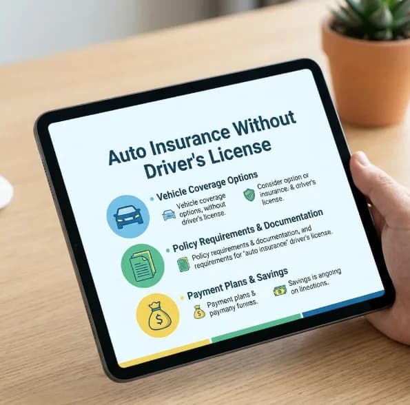 Infografía que muestra opciones de seguro de auto para personas sin licencia de conducir en Oklahoma City, incluyendo tipos de cobertura e íconos de precios