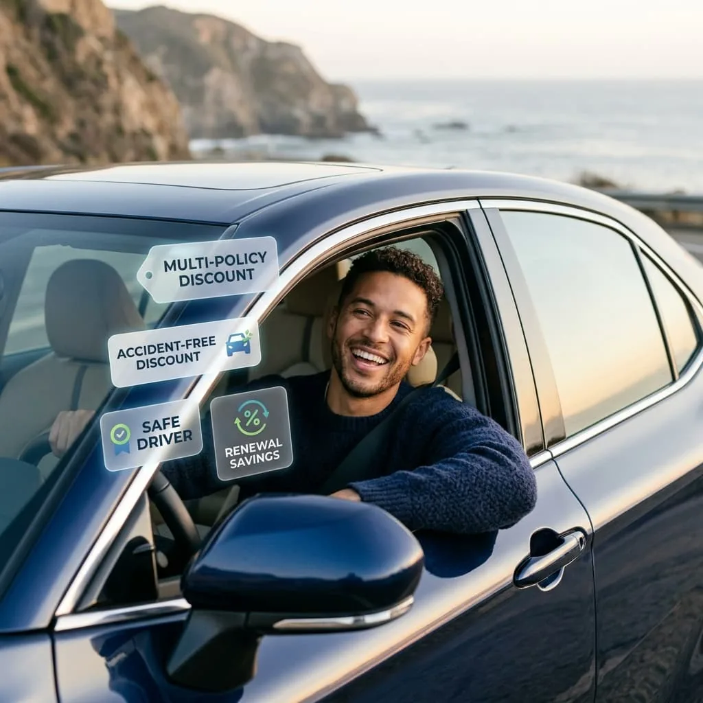 Auto rodeado de múltiples símbolos de descuento de seguro que representan oportunidades de ahorro combinadas para cotizaciones de seguro de auto económicas en Oklahoma City.