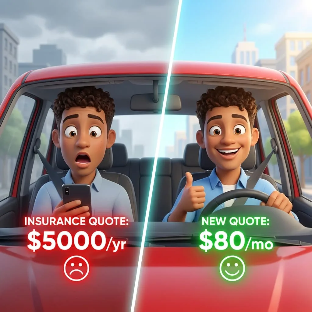 Conductor joven comparando opciones de seguro de auto caro frente a económico en Broken Arrow