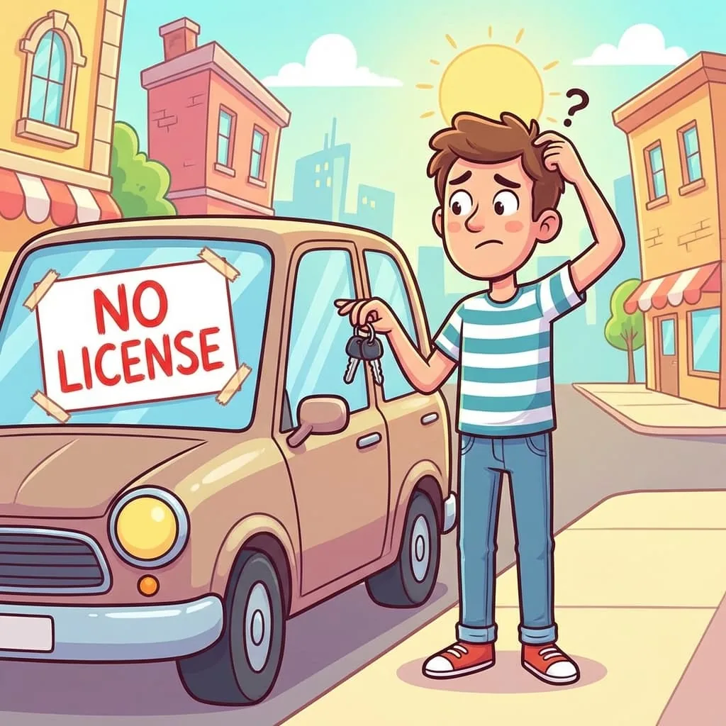 Caricatura de un conductor confundido con llaves de auto junto a un auto y un letrero de sin licencia que representa el seguro de auto de no propietario en Oklahoma
