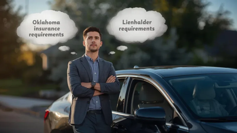 Conductor de pie junto a un auto pensando en los requisitos de cobertura completa de seguro de auto en Oklahoma frente a los requisitos de seguro del acreedor prendario.