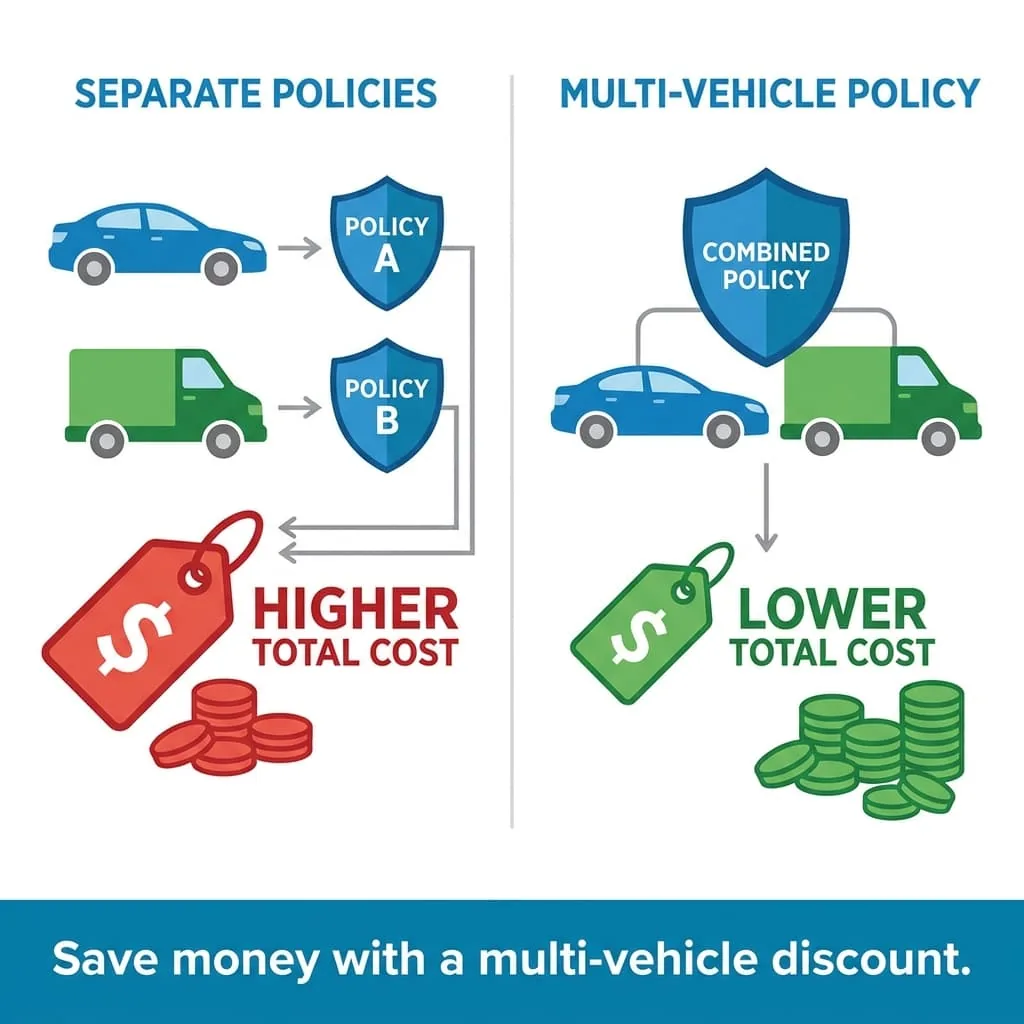 Comparación de pólizas separadas de seguro de auto y van frente a una póliza combinada multi-vehículo que muestra el ahorro de costos