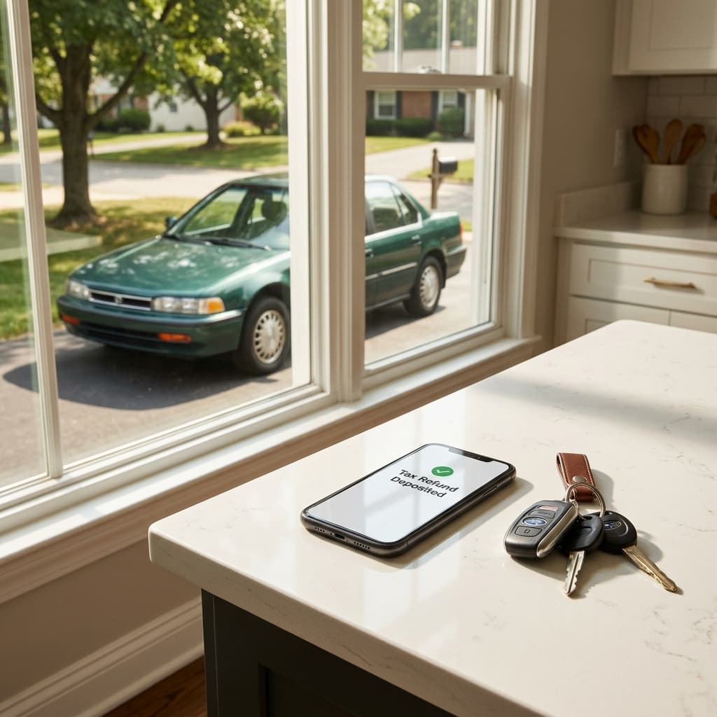 Person using a tax refund to plan ahead for future car insurance payments with a budget worksheet and calendar.