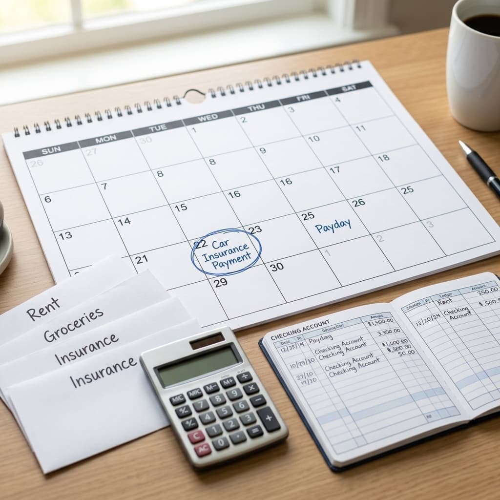 Calendar showing a car insurance payment due before payday beside a simple budgeting envelope system.