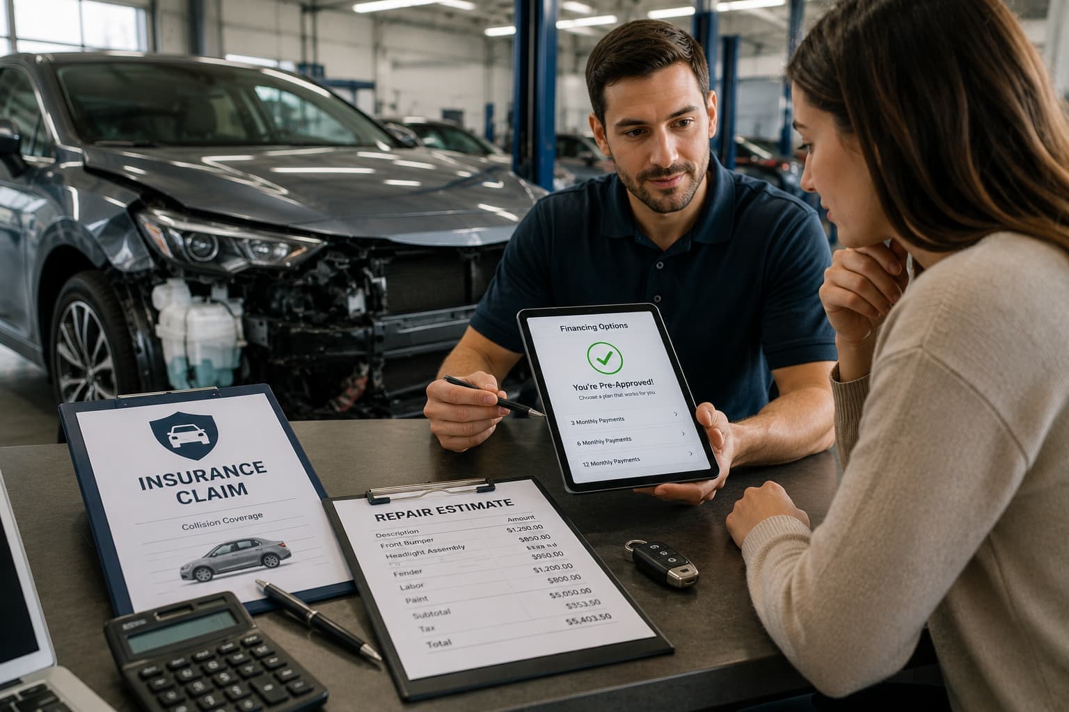 Mechanic explaining a car repair estimate while a customer reviews financing and insurance options.