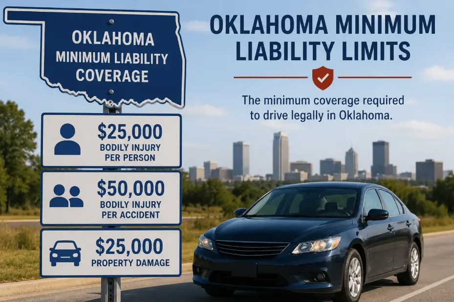 Roadside-style sign showing Oklahoma's minimum liability limits — $25,000 bodily injury per person, $50,000 bodily injury per accident, and $25,000 property damage — beside a car with a city skyline in the background.