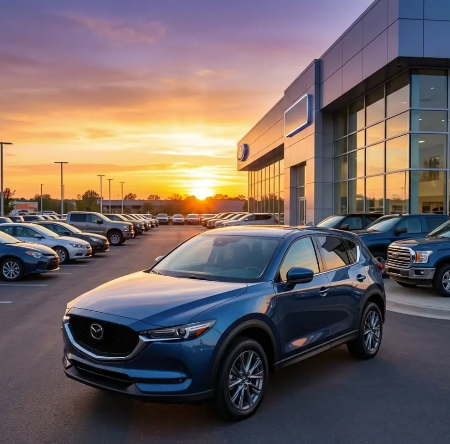 A blue Mazda CX-5 compact SUV parked in a dealership lot at sunset, surrounded by other vehicles — one of five models that typically cost the least to insure.