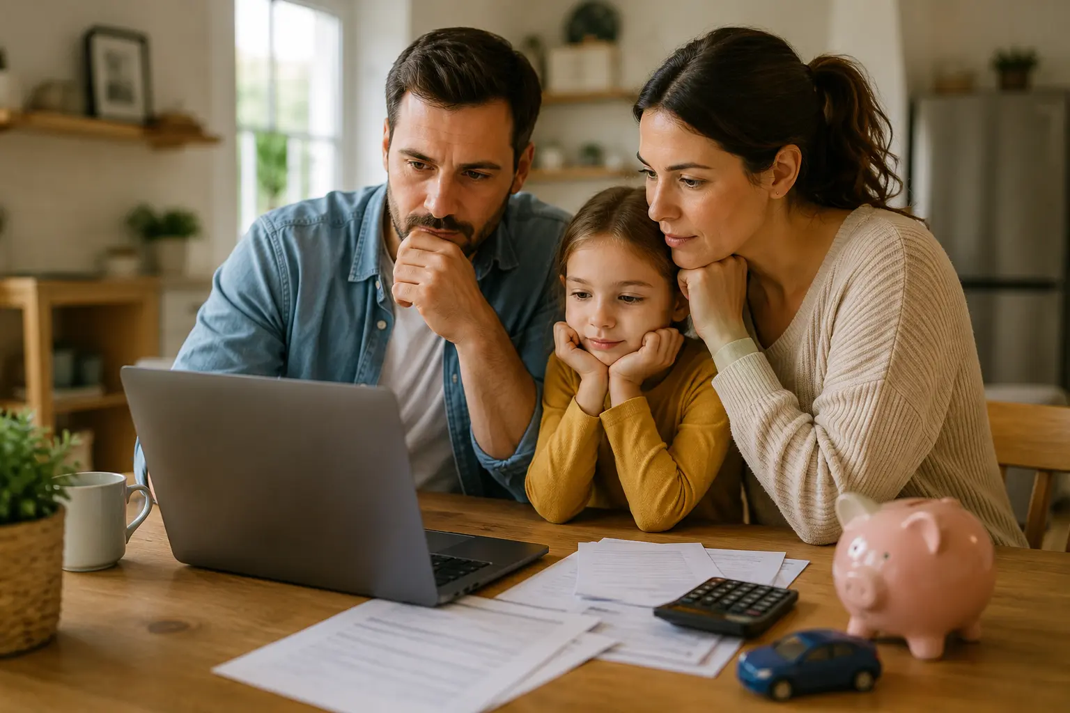 A family at a kitchen table reviewing insurance paperwork on a laptop with a calculator, a toy car, and a piggy bank, calculating their true car insurance cost.