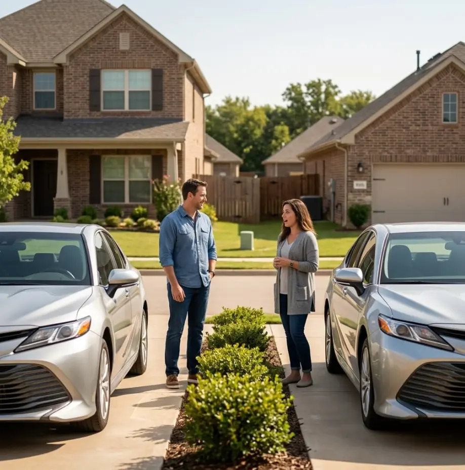 Two neighbors talking in adjoining Oklahoma driveways beside nearly identical silver sedans, illustrating how car insurance rates differ even for the same vehicle.