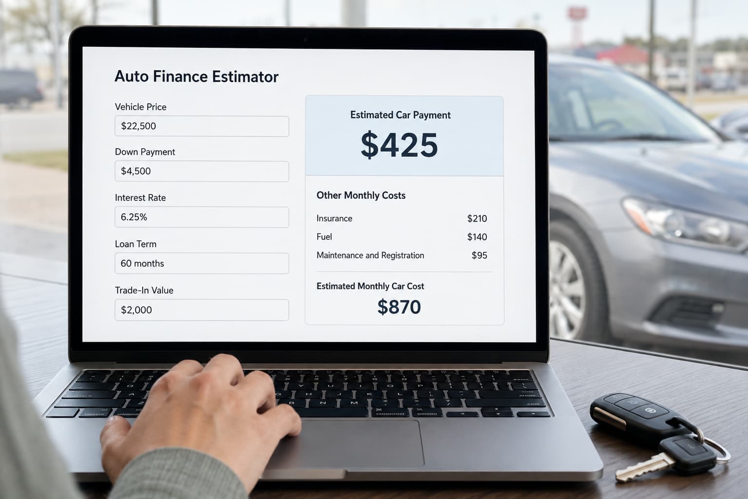 Auto finance estimator showing a car payment alongside insurance, fuel, maintenance, and registration costs.