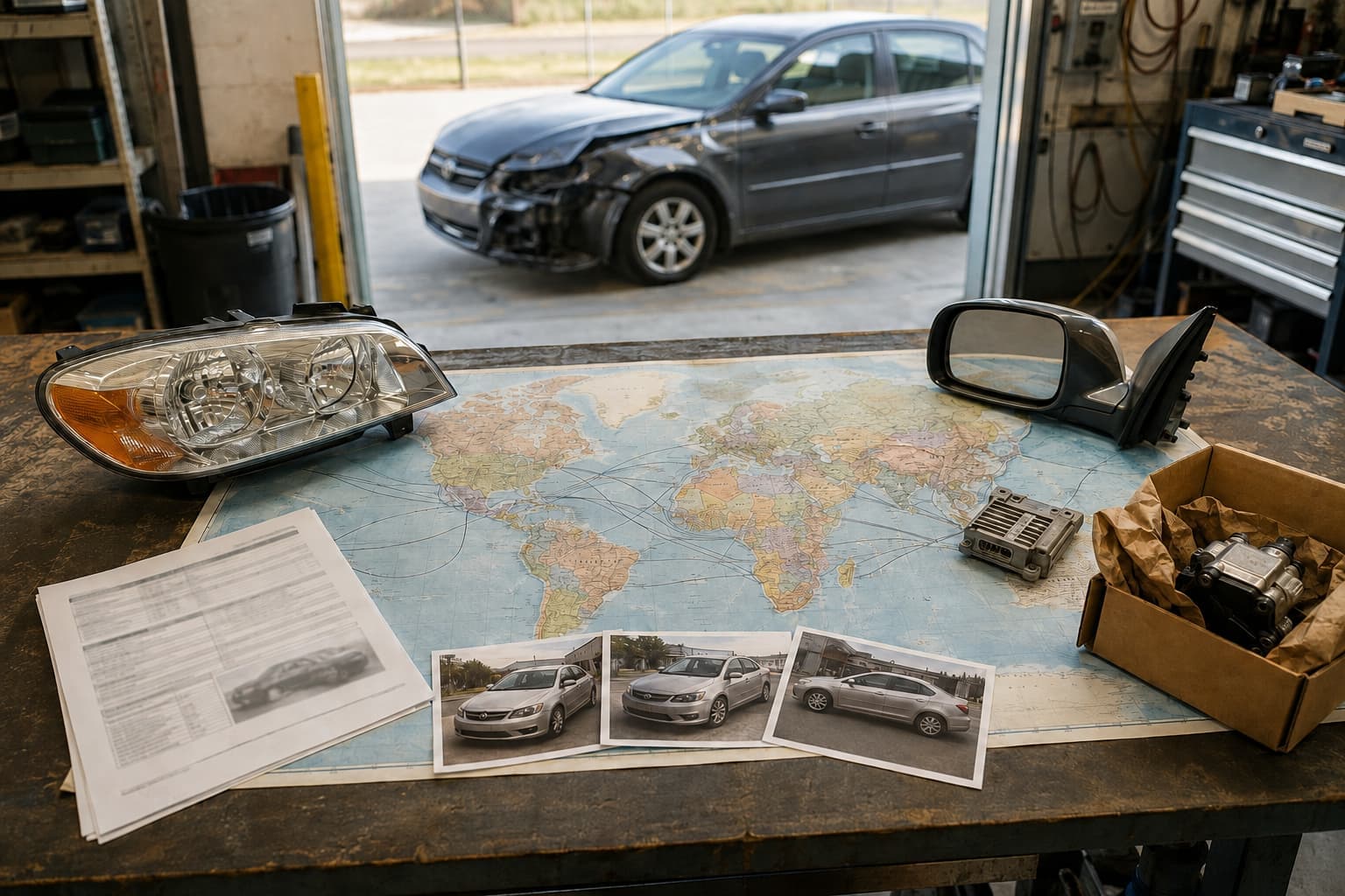 World trade map with replacement car parts and vehicle valuation photos beside a damaged sedan.