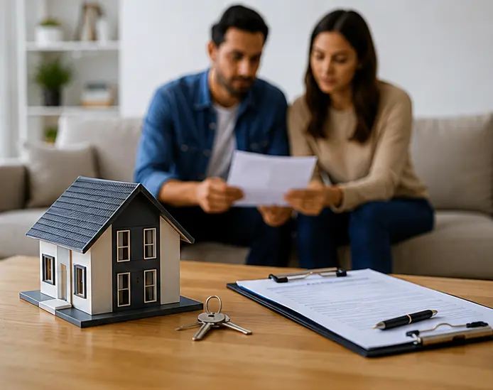 Couple reviewing an insurance policy beside a model house and keys