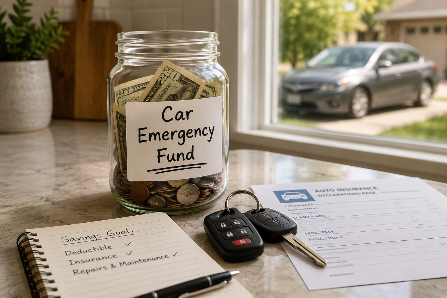Car emergency fund jar with cash, car keys, insurance paperwork, and a savings notebook.