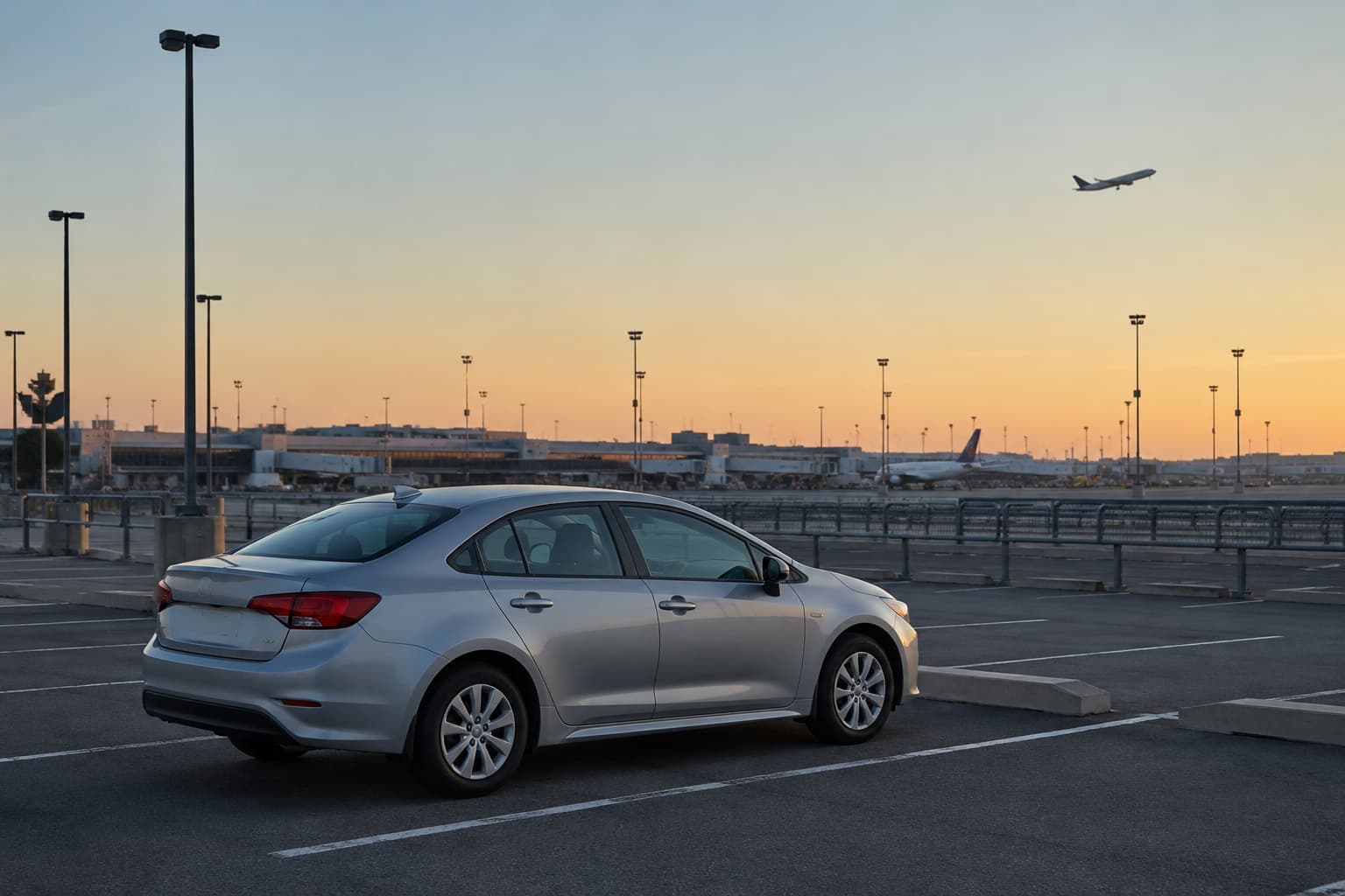 Parked car at an airport while a passenger plane departs in the distance.