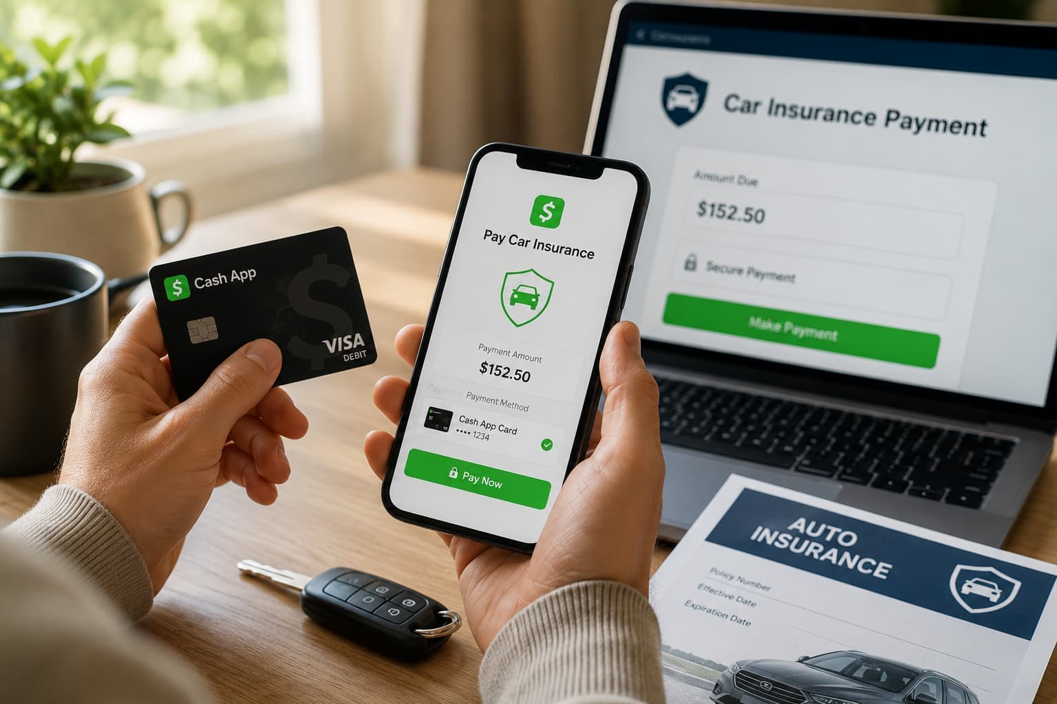 Person using a Cash App Card on a smartphone to pay their car insurance online without a traditional bank account.