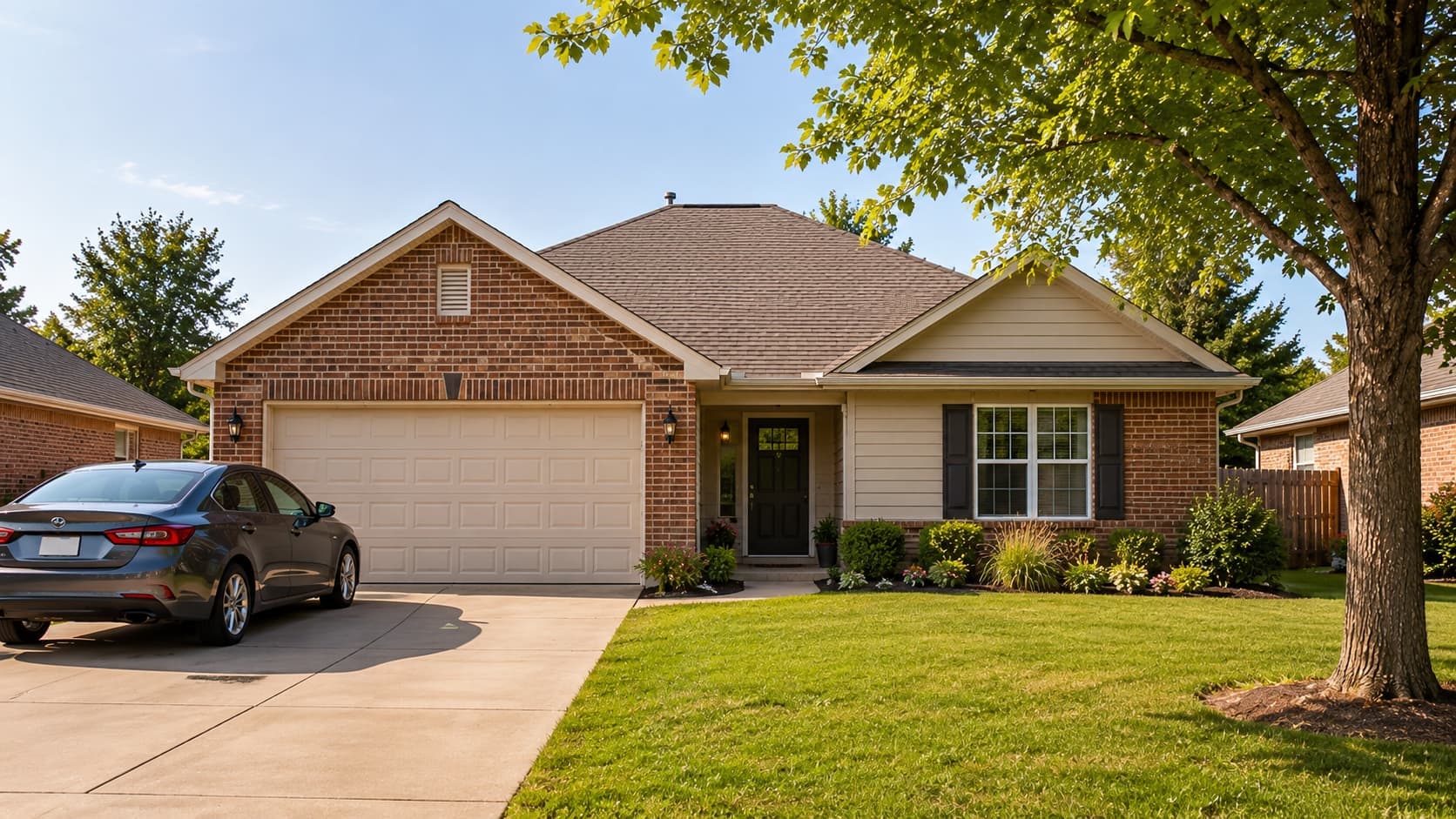 Oklahoma home with a car in the driveway representing housing and car insurance costs.