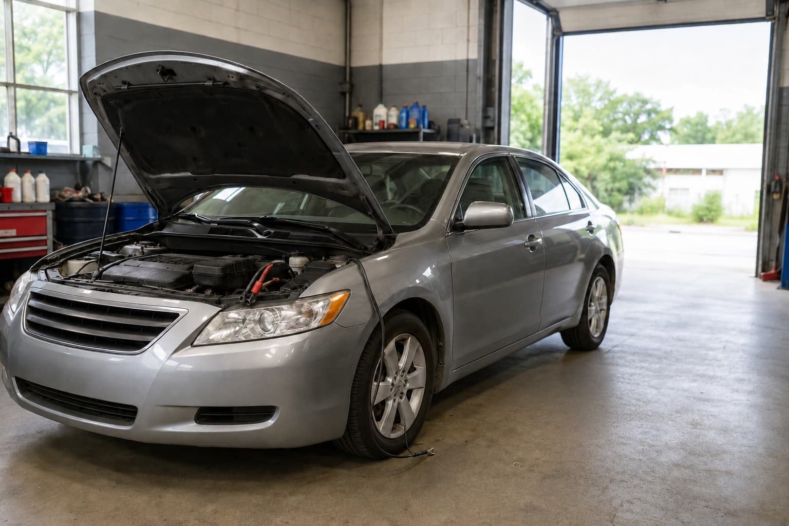 Car with its hood open inside a repair shop while temporarily out of service.