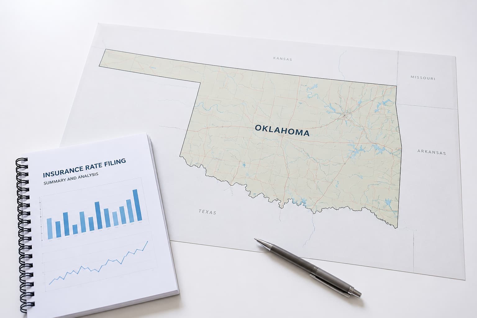 Oklahoma map beside an insurance rate filing report and pen