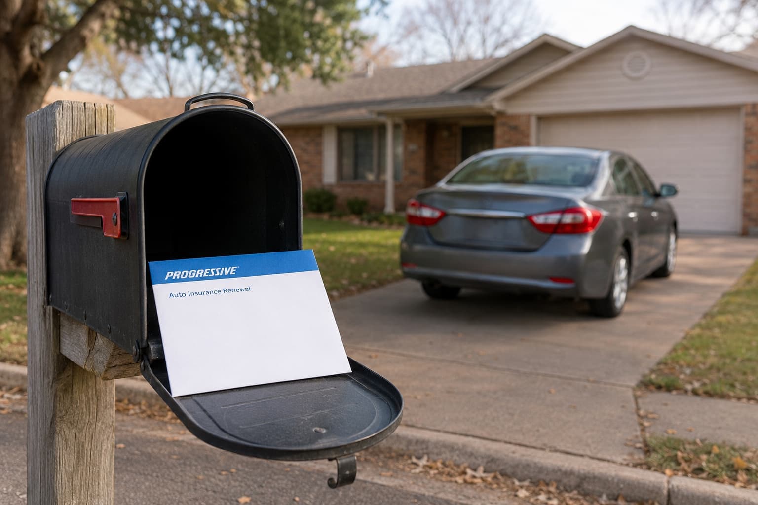 Progressive auto insurance renewal envelope in an open mailbox with a sedan parked in an Oklahoma driveway.