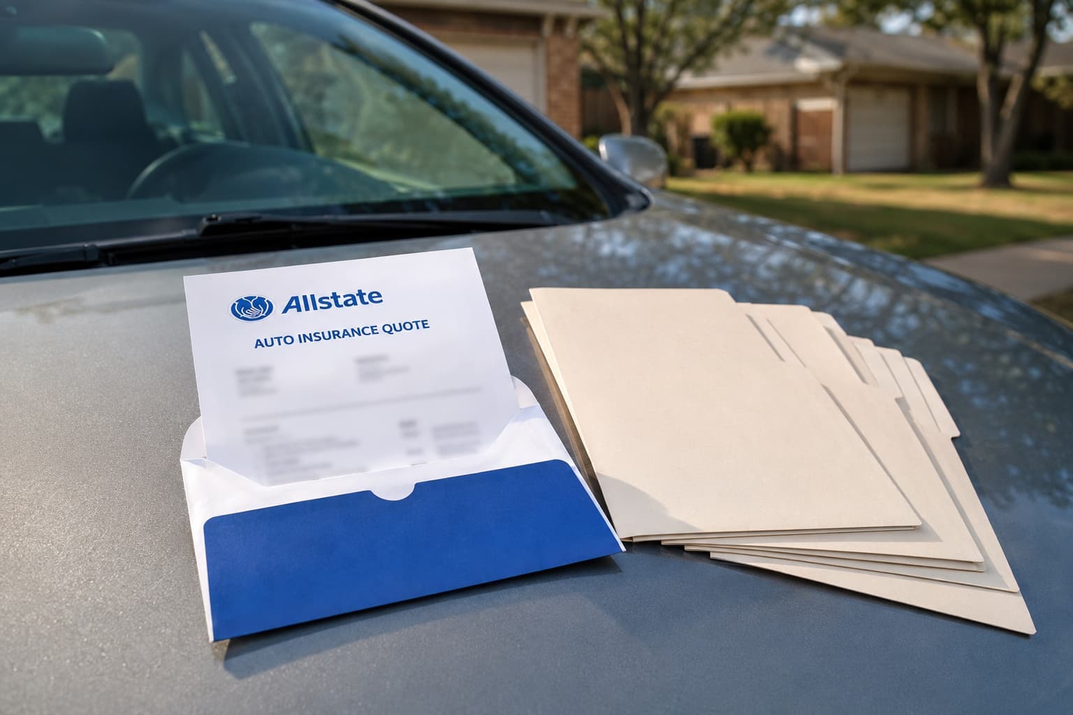 Allstate car insurance quote beside several unbranded agency options on the hood of a parked car.