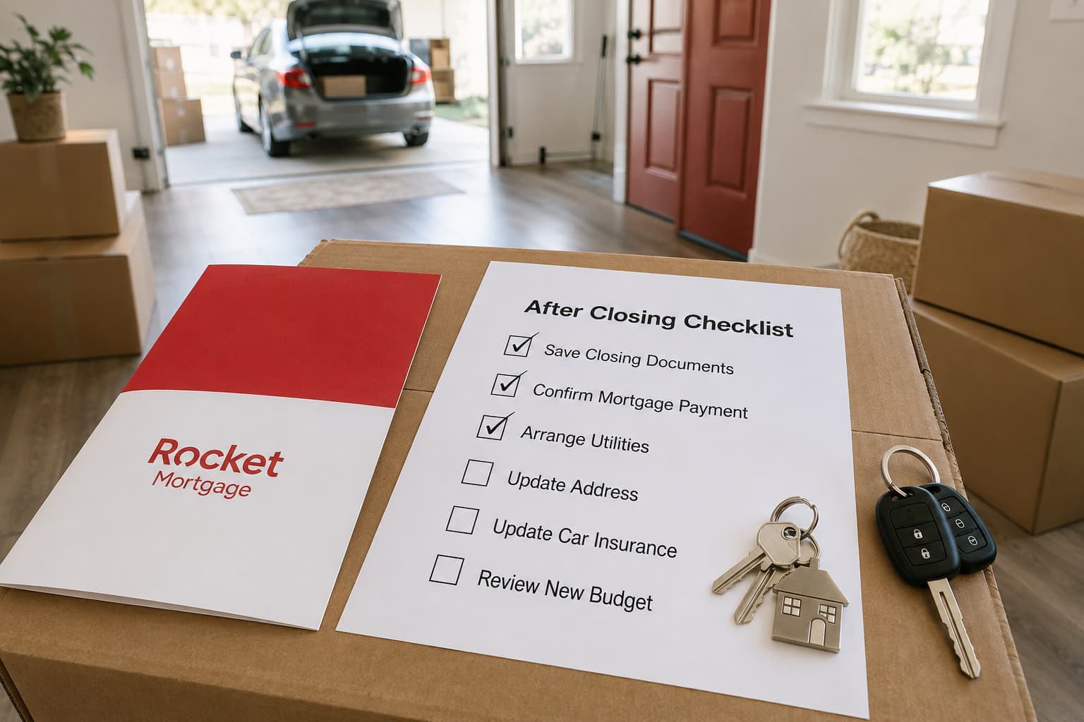 Rocket Mortgage moving checklist with after-closing tasks, house keys, car keys, and moving boxes.