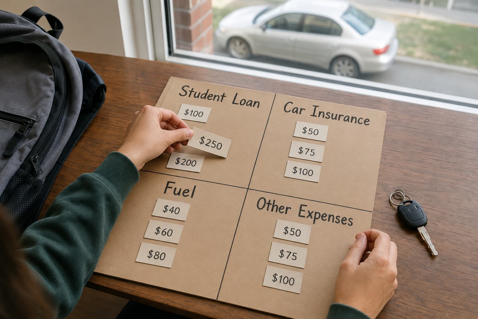 College student balancing student-loan payments and car insurance in a monthly budget.