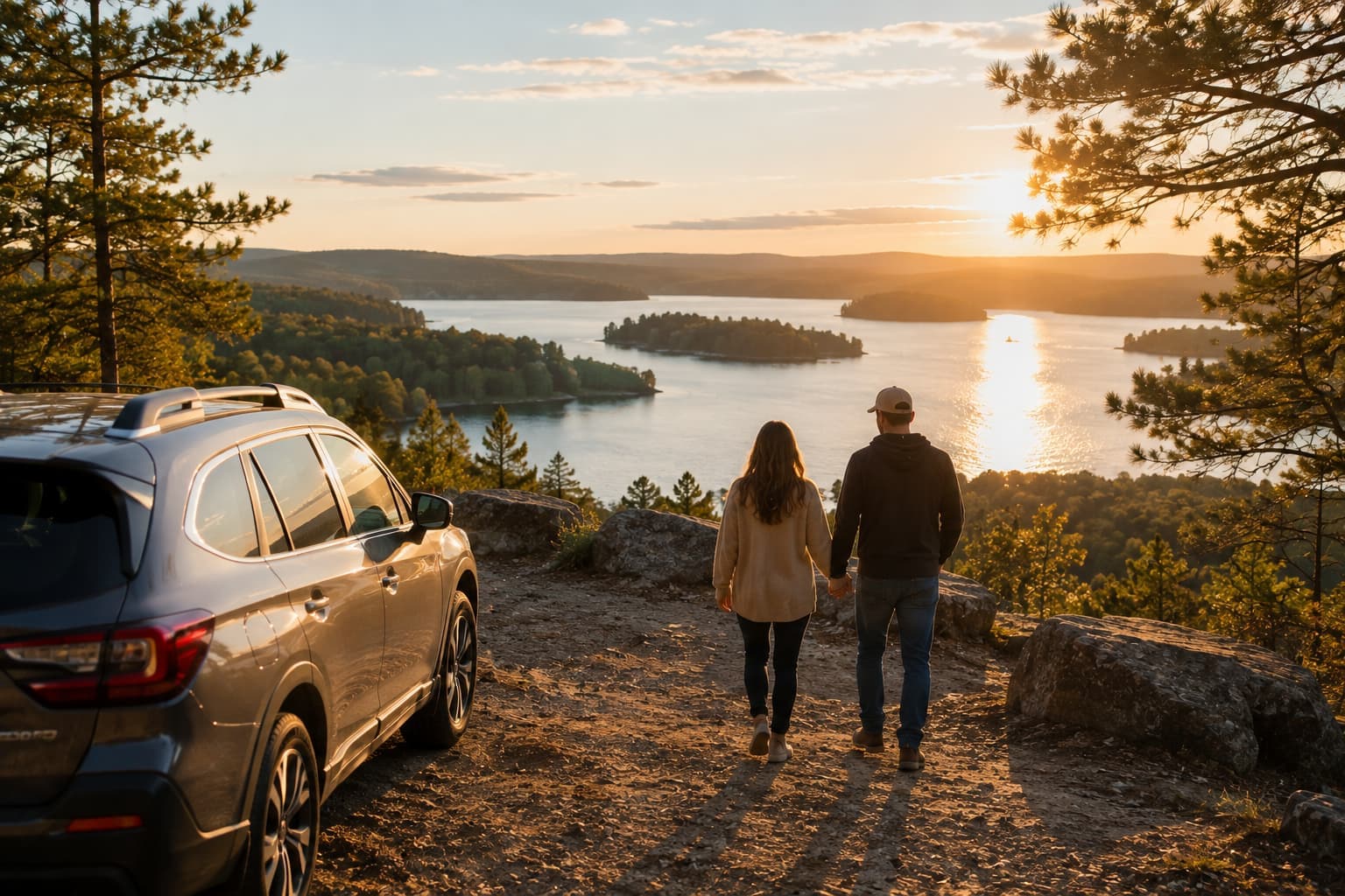 Alt Text: Couple overlooking Broken Bow Lake during an affordable Oklahoma weekend getaway.