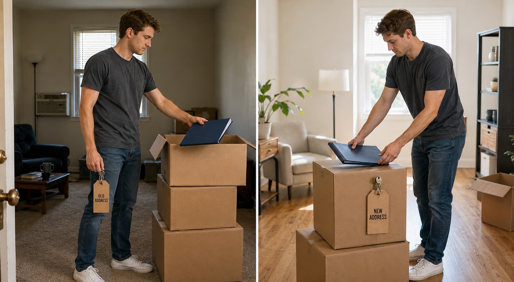 Renter preparing to transfer renters insurance to a new address while moving between apartments.