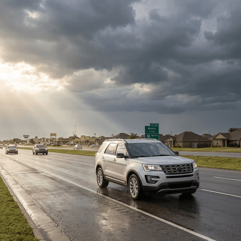 SUV driving through Moore, Oklahoma under dark storm clouds, representing the importance of choosing the right car insurance for severe weather.