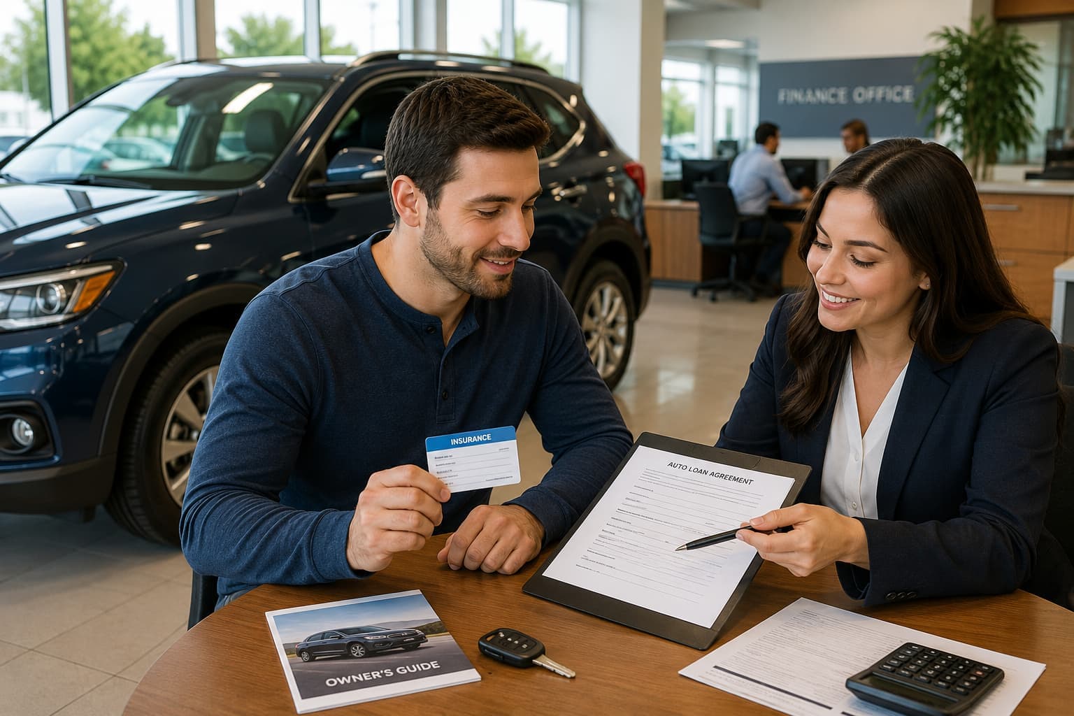 Customer reviewing insurance documents after financing a vehicle through an auto lender.