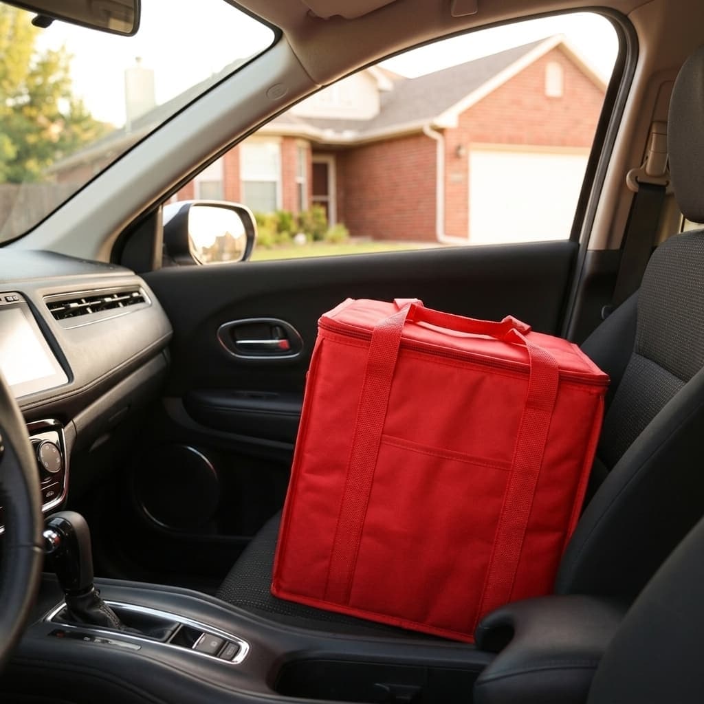 Delivery bag inside a vehicle used for gig work, illustrating the insurance considerations for DoorDash and rideshare drivers with non-owner car insurance.