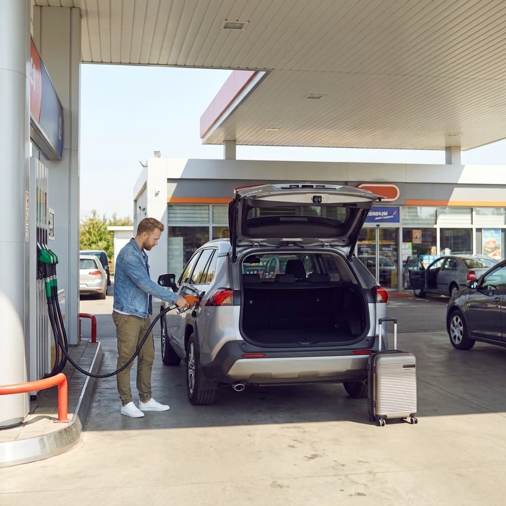 Traveler with suitcase standing beside a newly purchased car before driving home after an out-of-town purchase.