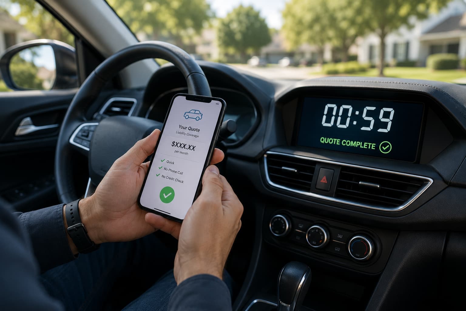 Driver comparing a fast car insurance quote online using a smartphone in Oklahoma.