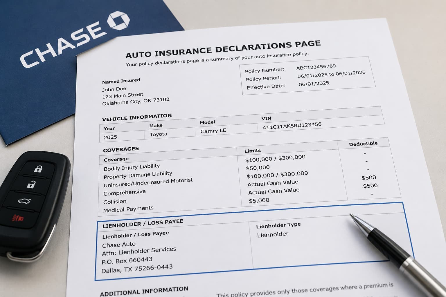 Car buyer reviewing an insurance declarations page during the Chase auto loan process.