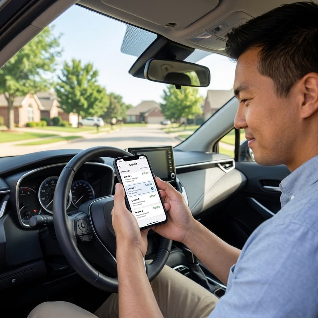Oklahoma driver comparing affordable auto insurance quotes inside a parked vehicle.