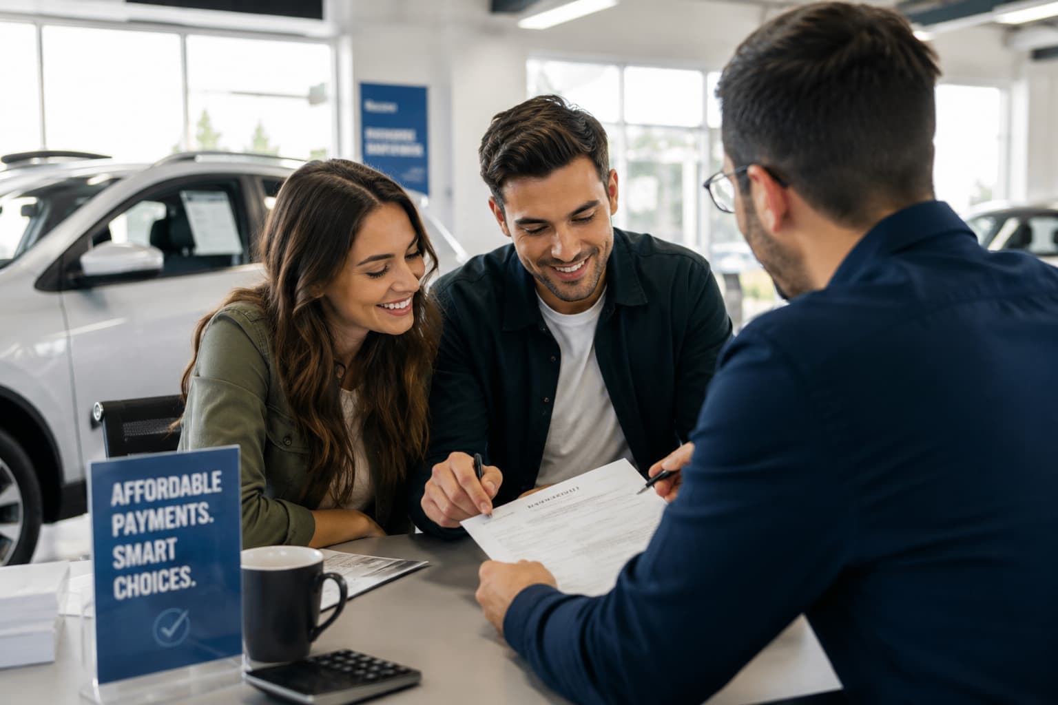 Young couple reviewing car financing and insurance documents with a dealership salesperson at the car lot
