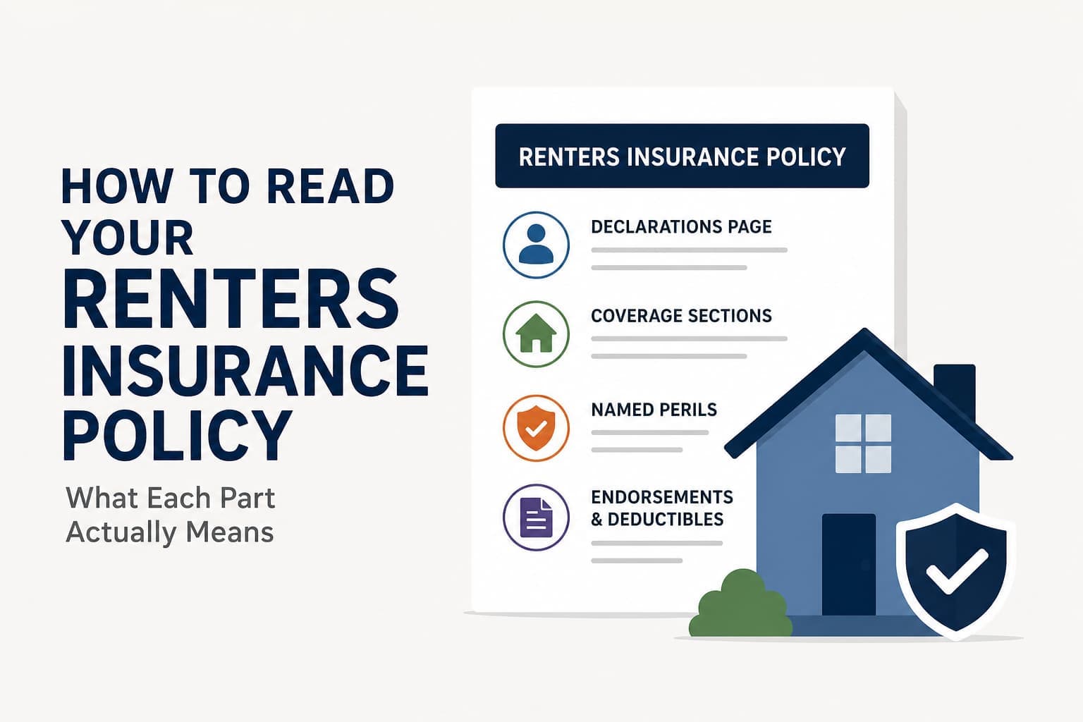 Illustration of a renters insurance policy showing the declarations page, coverage sections, named perils, and endorsements.