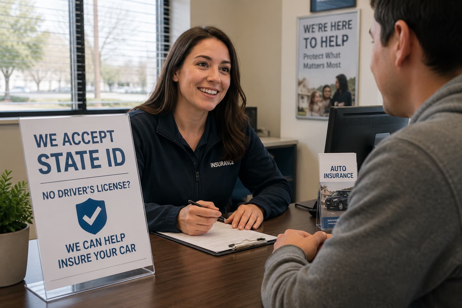 Customer meeting with an insurance agent at an office with a sign showing state ID is accepted for auto insurance.