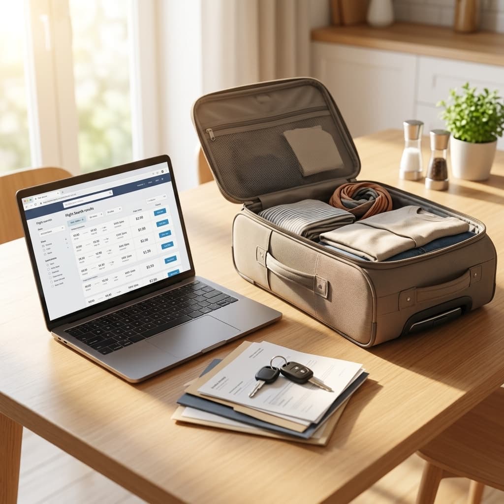 Packed suitcase, flight search, vehicle documents, and car keys on a table before a move.