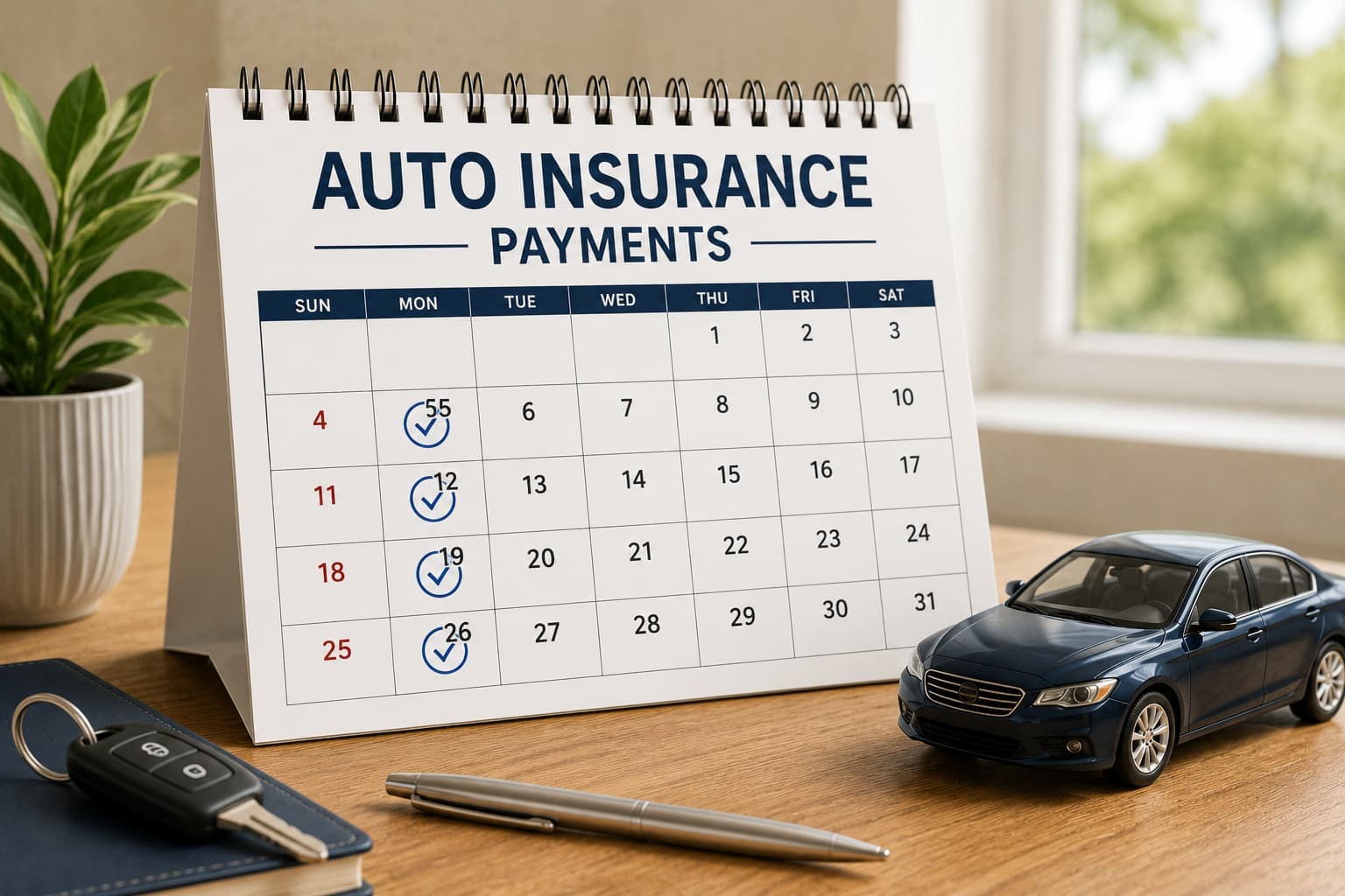 Calendar labeled "Auto Insurance Payments" with a car, representing monthly pay-as-you-go auto insurance payments.