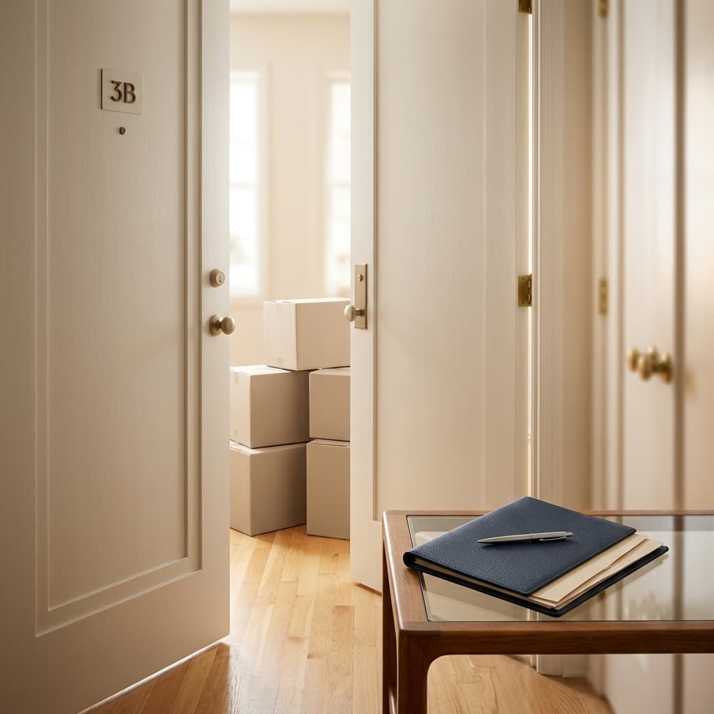 Apartment entryway with a lease folder and moving boxes, representing the difference between renters insurance and landlord insurance.
