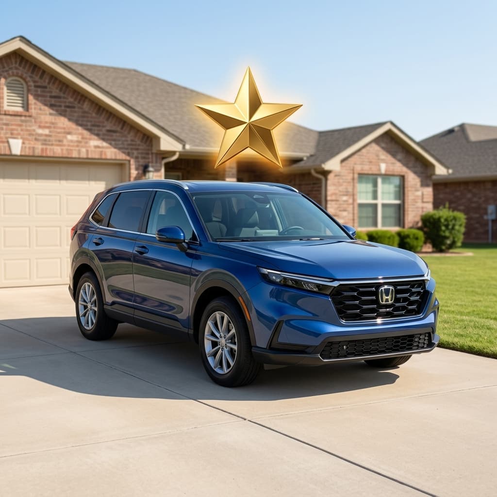 Blue SUV parked in a suburban driveway with a gold star above it representing the best car insurance choice.