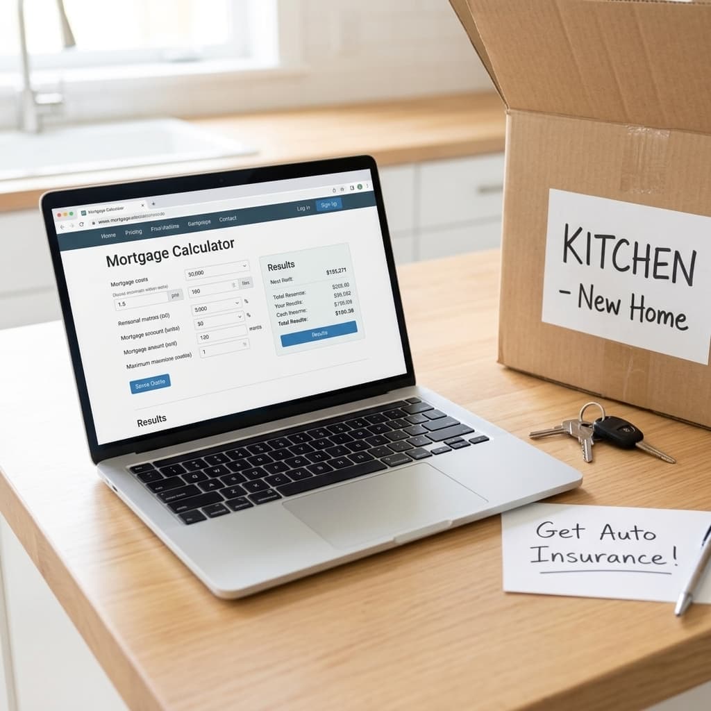 Mortgage calculator on a laptop beside car keys and an auto insurance reminder.