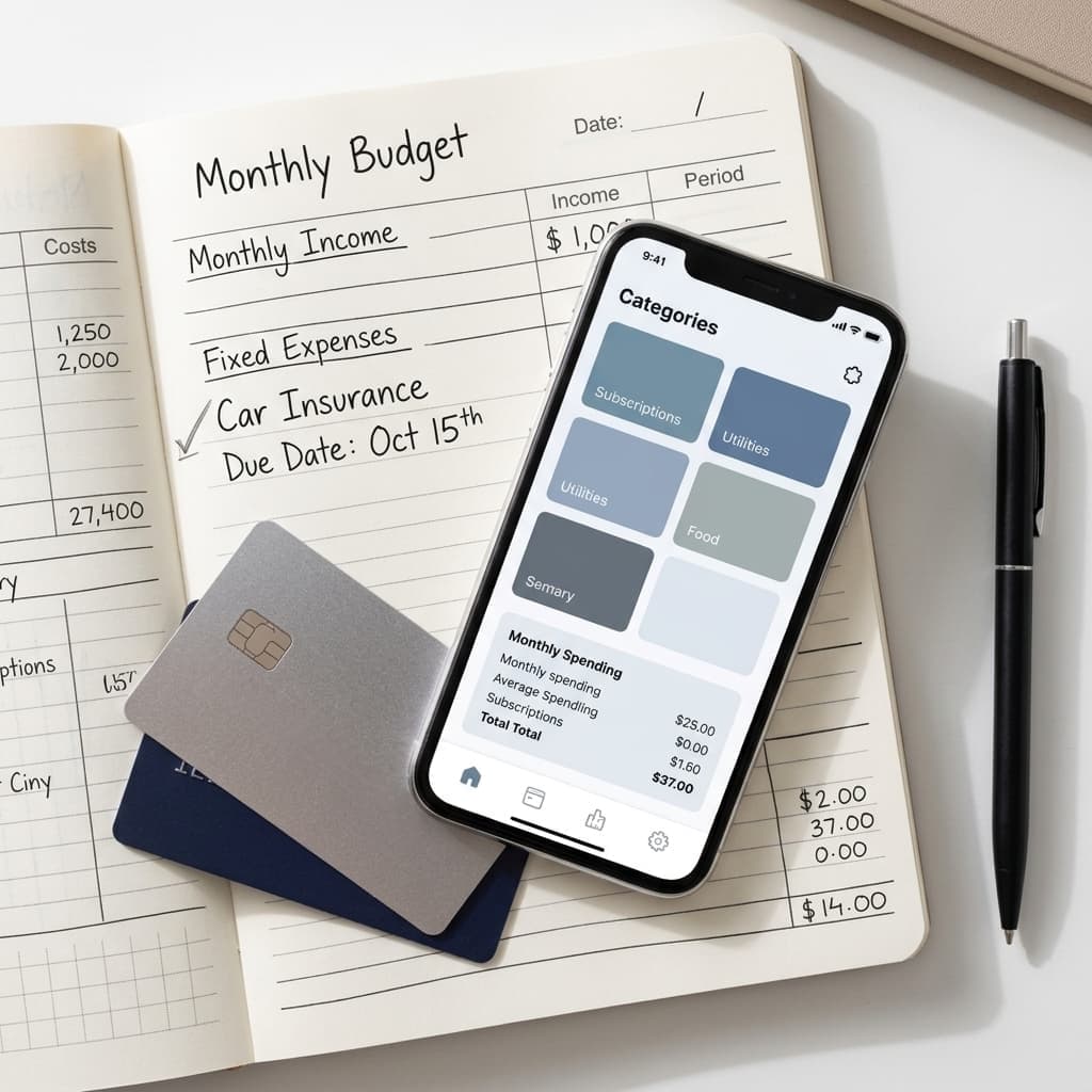 Phone with subscription apps beside a car insurance due date on a monthly budget page.